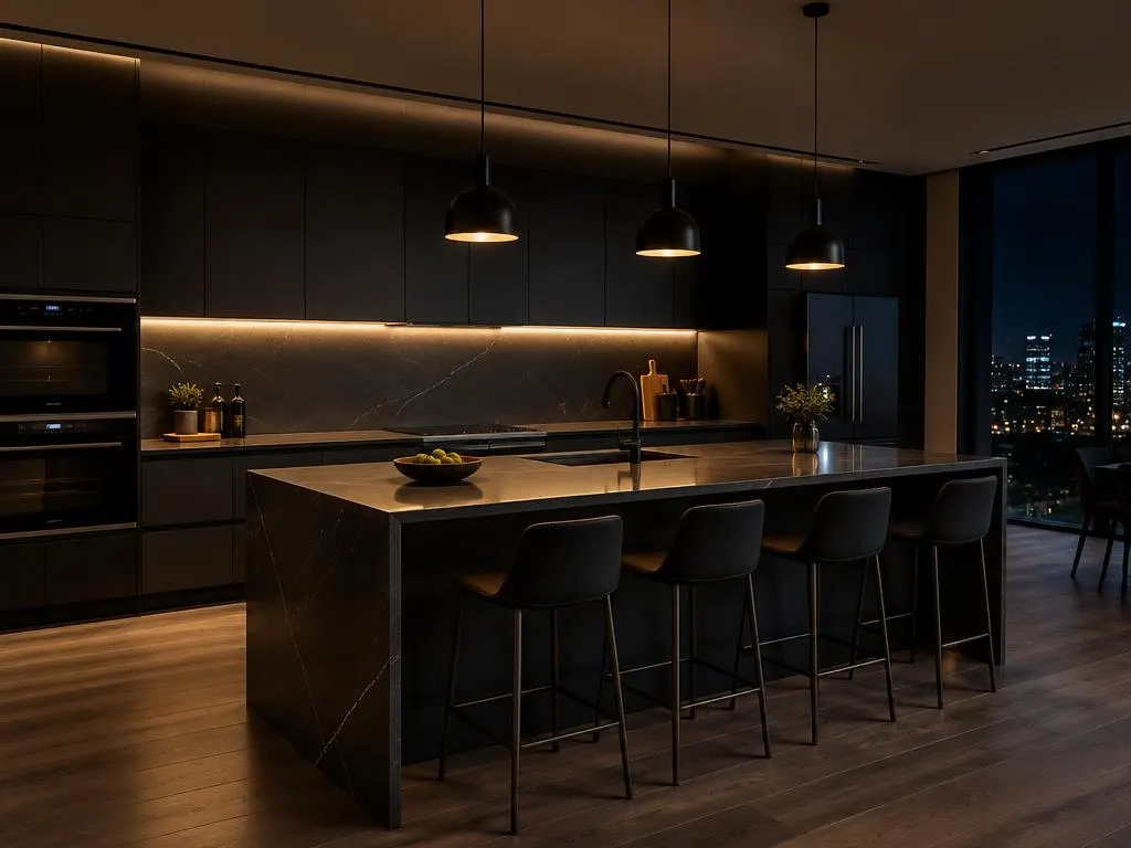 Cozinha com bancada de mármore iluminada por perfis de LED embutidos nos armários superiores e um plafon central fornecendo luz geral.