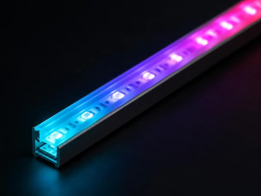 Sala de estar moderna com iluminação inteligente controlada por um smartphone, mostrando a variação de cores em um perfil de LED na parede.