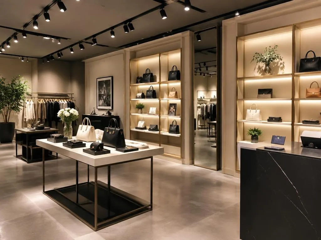 Interior de uma loja de roupas moderna com trilhos de spots direcionados para as araras e pendentes elegantes sobre o balcão de pagamento, criando um ambiente convidativo e focado nos produtos.